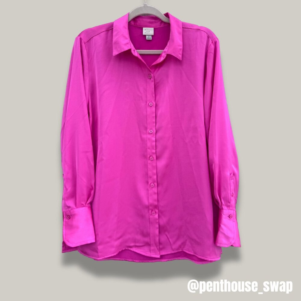 Pink Silky  Long Sleeve Button Up Shirt, Size S